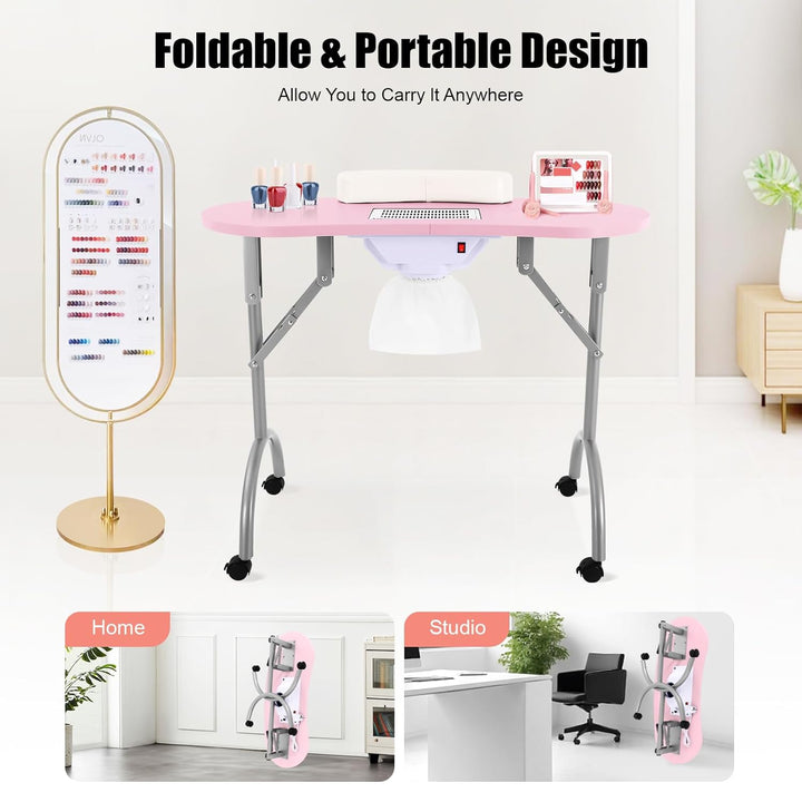 Manikürtisch mit Nagelstaubsauger, 90×40×72,5 cm, klappbar, mit Rollen und Bremsen – mobiler Nagelti
