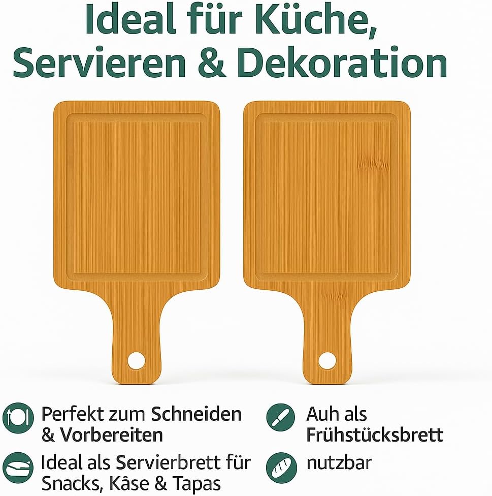 Hausleben Servierbrett Set 6er – 15×10 cm – Mini Bambus Schneidebrett mit Griff – Frühstücksbrettche