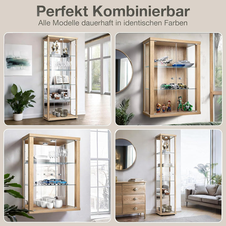 K-Möbel Hängevitrine in Buche (80x60x25 cm) mit 2 höhenverstellbaren Glasböden, Spiegel & LED - Mode