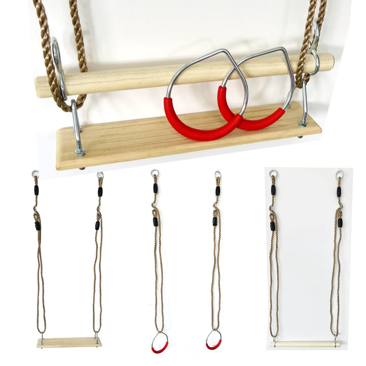 3in1 Schaukelset, Turnringe + Holztrapez + Schaukelbrett incl. Seilset zum Einhängen (Turngeräte Set