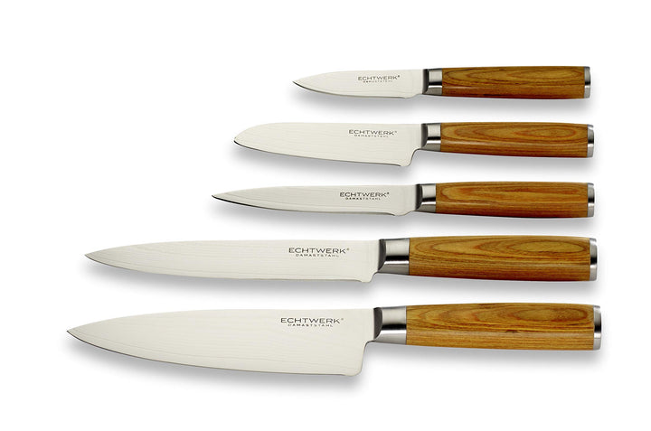 Echtwerk Damastmesser Set 5 teilig, Küchenmesser, Damaszener, Messer mit Holzgriff, Braun/Silber 36
