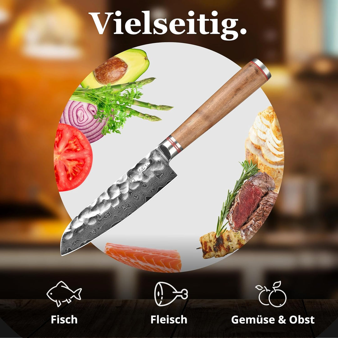 Wakoli Nussbaum Damastmesser kleines Santokumesser extrem scharfe 12cm Klinge aus 67 Lagen I Damast
