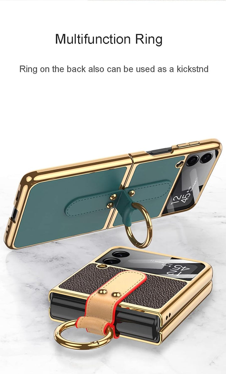 CeeEee Galaxy Z Flip 4 5g Leder Hülle mit Ring und Kleine Bildschirmschutz Schutzhülle Abnehmbarer U