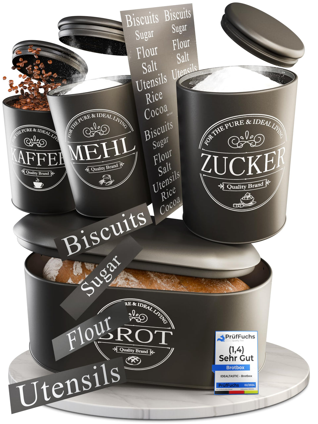 IDEALTASTIC® Premium Brotkasten 4er Set, Zuckerdose, Mehl Aufbewahrung & Kaffeedose luftdicht, Brotb