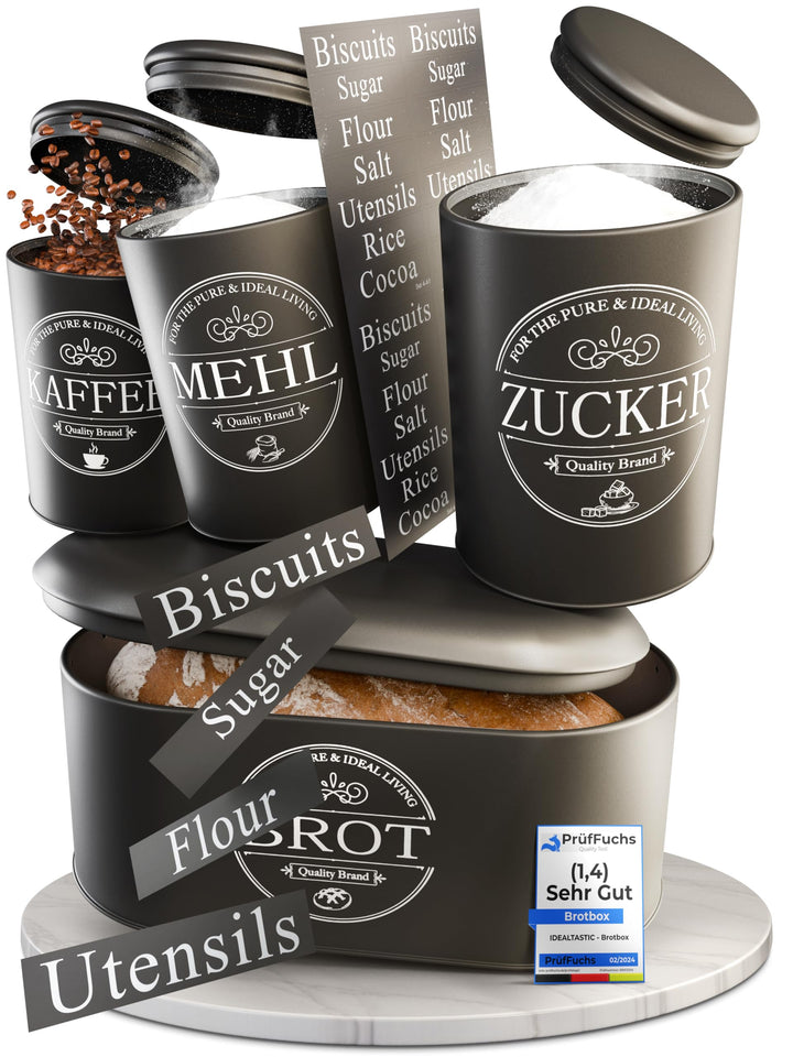 IDEALTASTIC® Premium Brotkasten 4er Set, Zuckerdose, Mehl Aufbewahrung & Kaffeedose luftdicht, Brotb