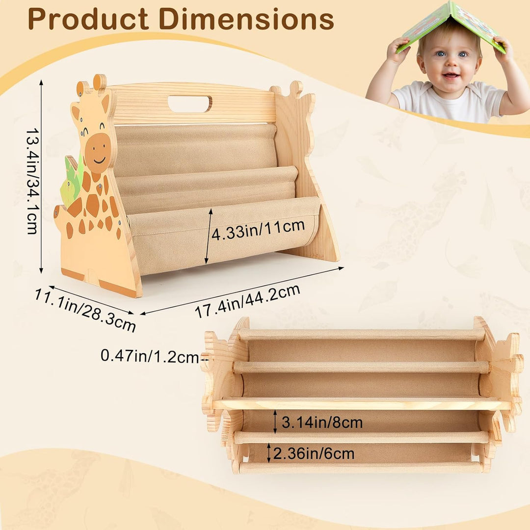 MHJY Bücherregal Kinder, doppelseitiges Holzregal mit robusten Canvas-Taschen, Montessori Stil, trag