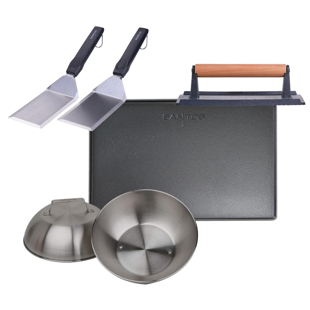 SANTOS Smash Burger Set mit Fleischpresse Schmelzglocken Spachtel Gusseisen Grillplatte BBQ Zubehör