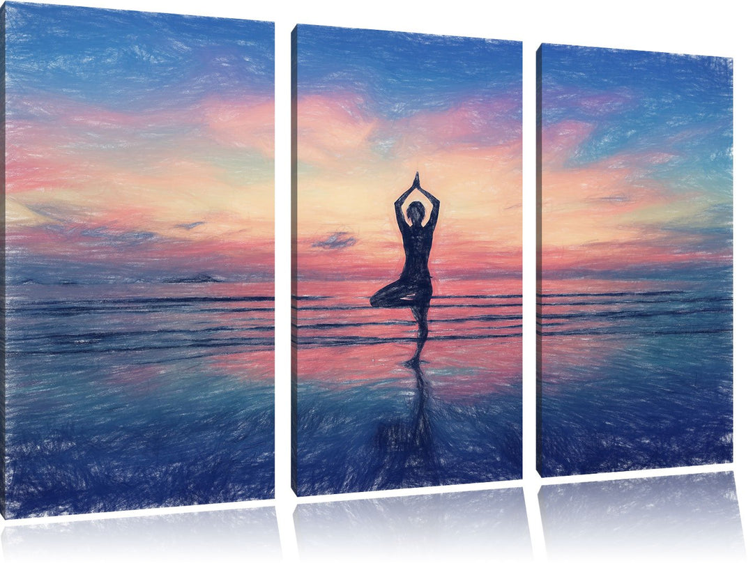 Pixxprint Yoga am Strand / 3-Teilig/Gesamtmass 120cm Leinwandbild bespannt auf Holzrahmen/Wandbild K