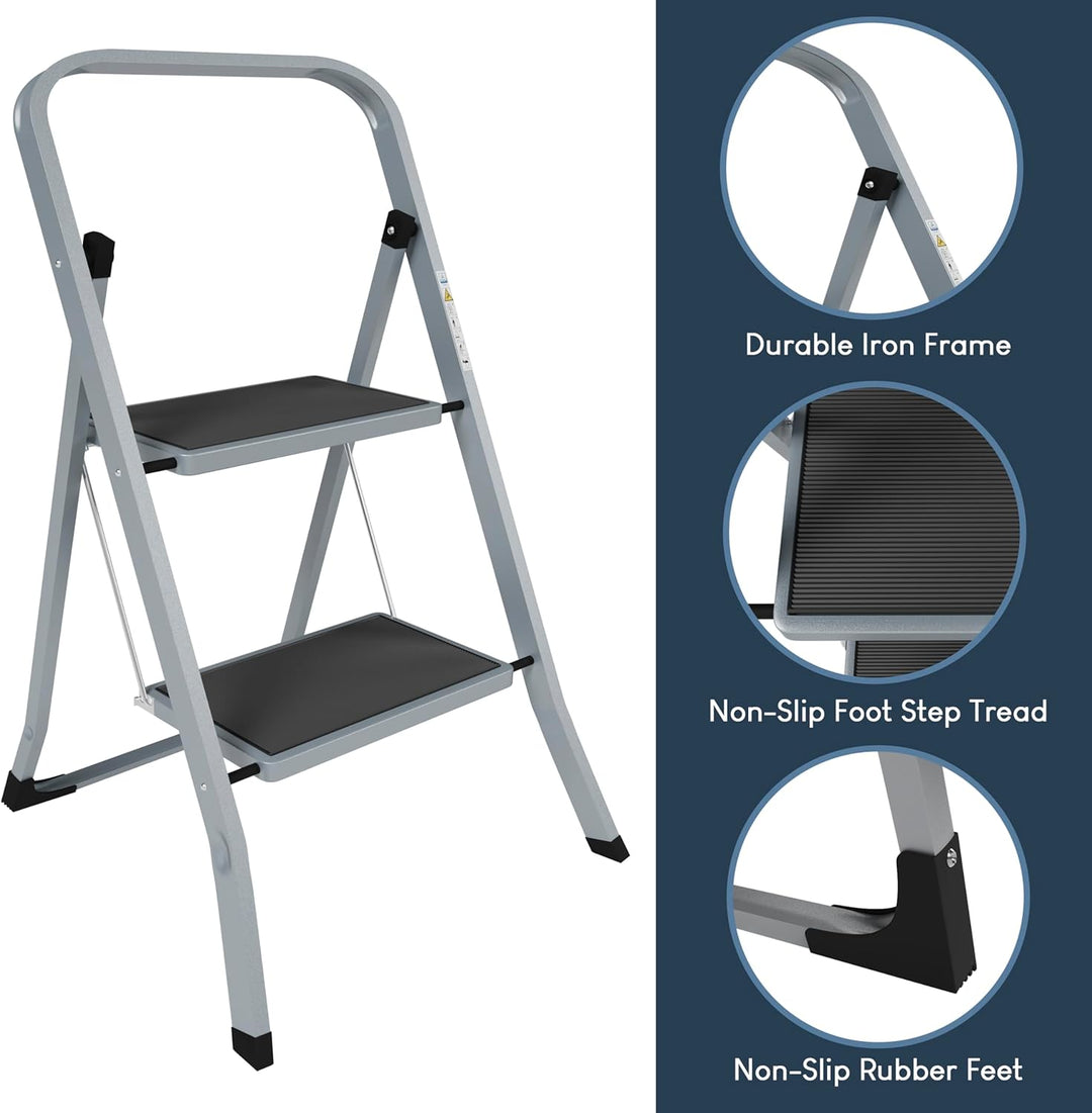 Home Vida 2-stufige Leiter – robuste Stahl-Klappleiter mit rutschfesten und breiten Stufen, Klappmec
