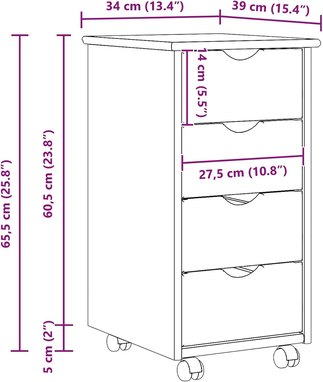 vidaXL Rollschrank Mit Rad Weiss 34 x 39 x 65,5 cm Massivholz Kiefer, Minimalistischer Rollschrank,