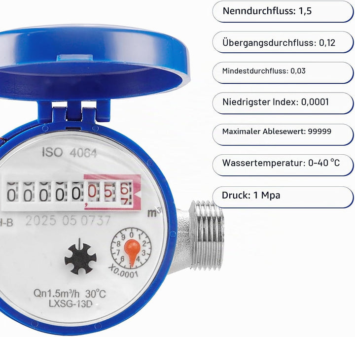 Wasserzähler Garten 1/2 Zoll – Digitaler Kaltwasserzähler mit Zeiger und Digitalanzeige, Kupfer, Was