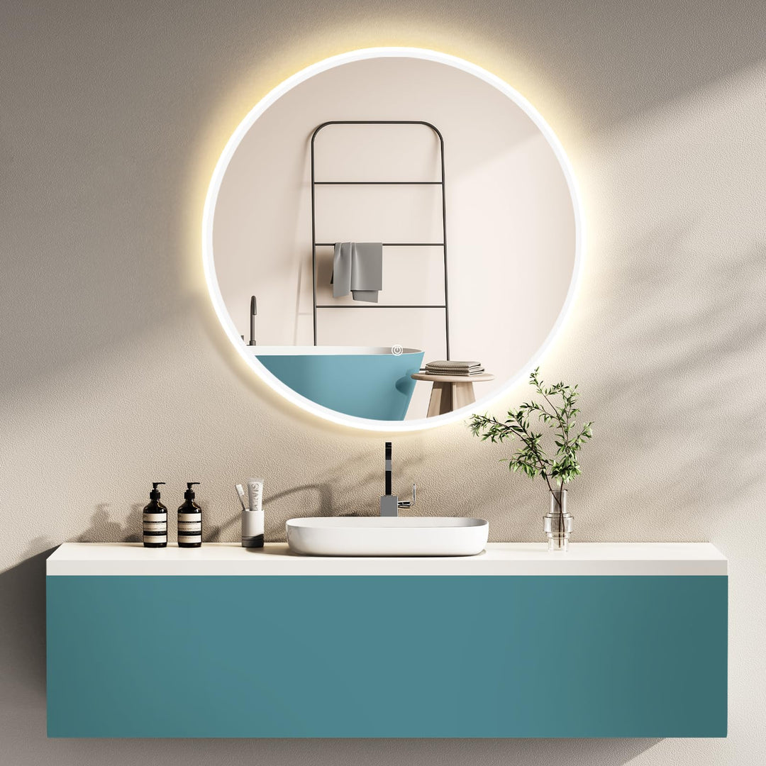 HOKO Design Badspiegel rund 60 cm Malaga mit Metall Rahmen Weiss. Runder Bad Wandspiegel LED beleuch