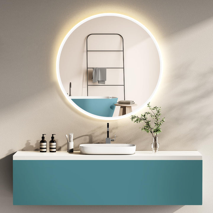 HOKO Design Badspiegel rund 60 cm Malaga mit Metall Rahmen Weiss. Runder Bad Wandspiegel LED beleuch
