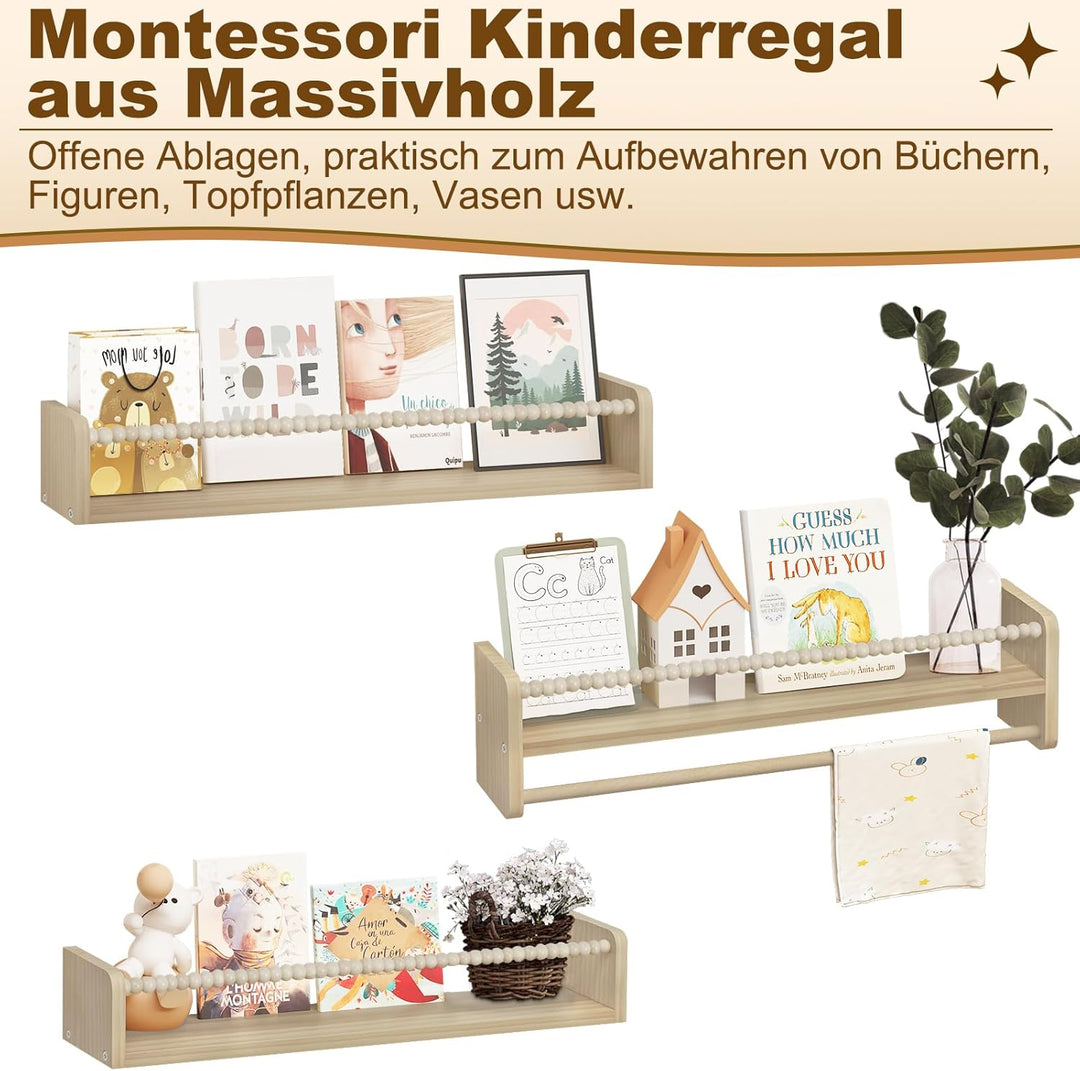 WOLTU 3er Set Kinder Bücherregal Wand, 60cm Wandregal Kinderzimmer, aus Massivholz, Hängeregal Schwe