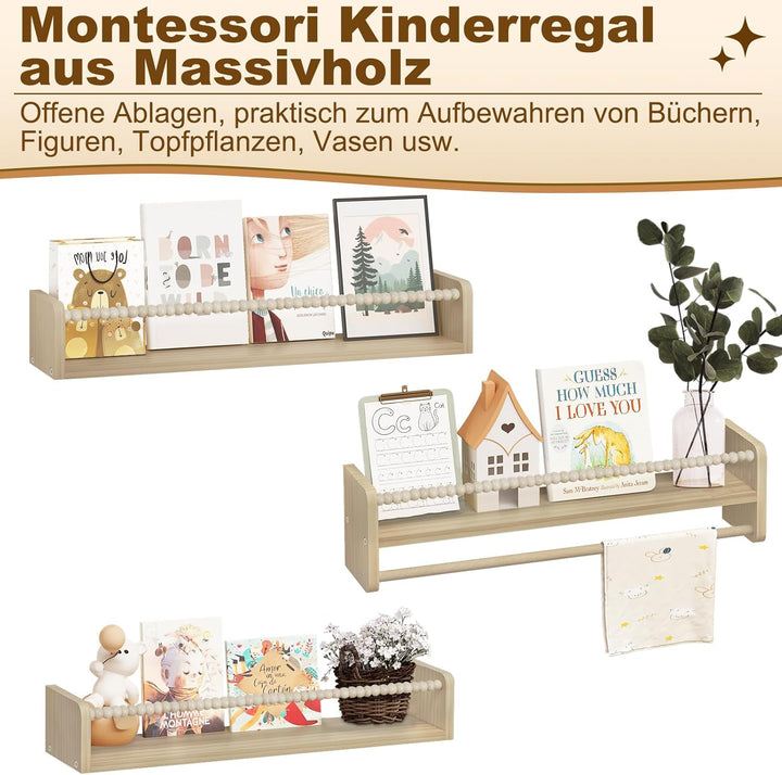 WOLTU 3er Set Kinder Bücherregal Wand, 60cm Wandregal Kinderzimmer, aus Massivholz, Hängeregal Schwe
