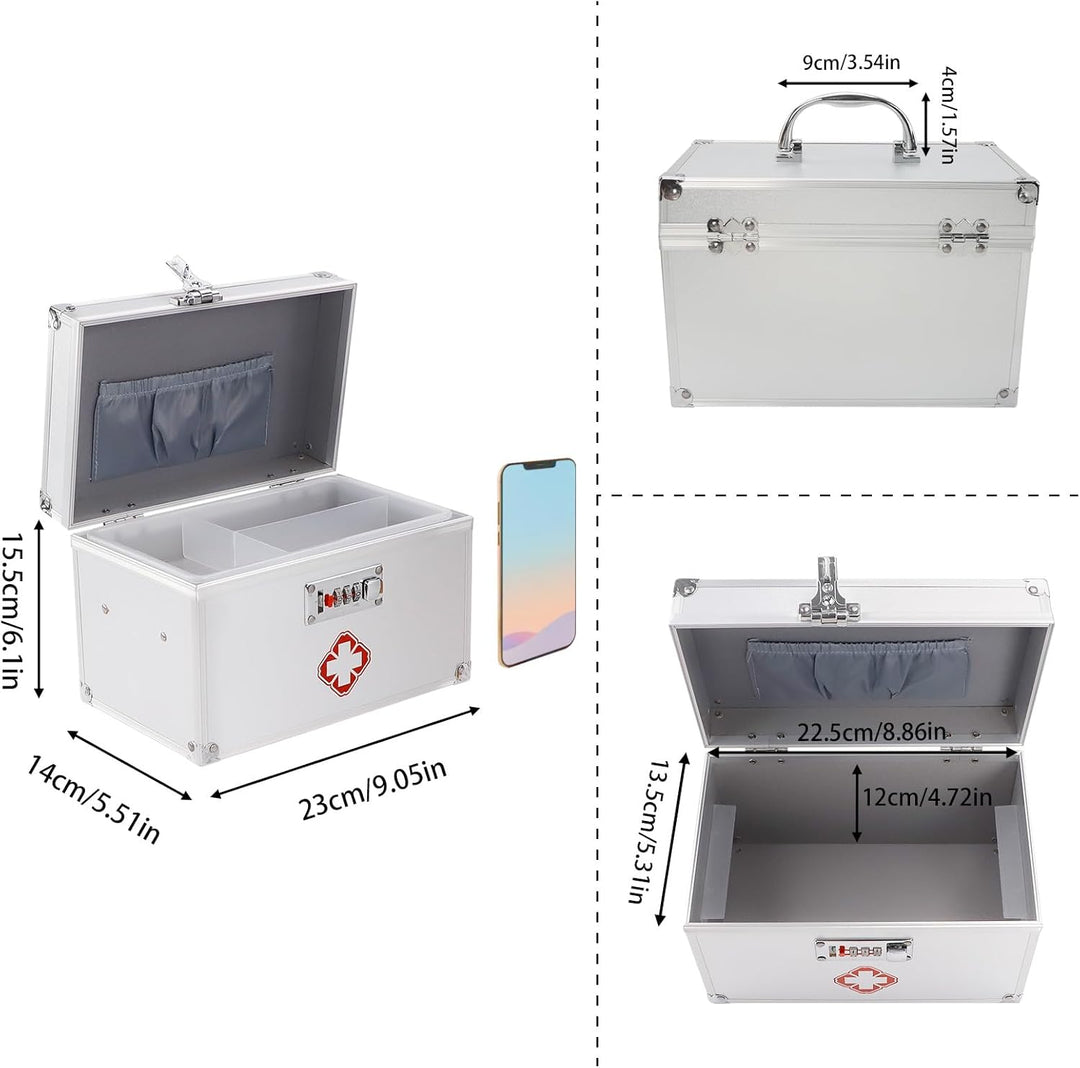 Abschliessbare Medikamentenbox, Portable Erste-Hilfe Koffer, 24.5 x 14 x 16cm, Aufbewahrungsbox, Alu