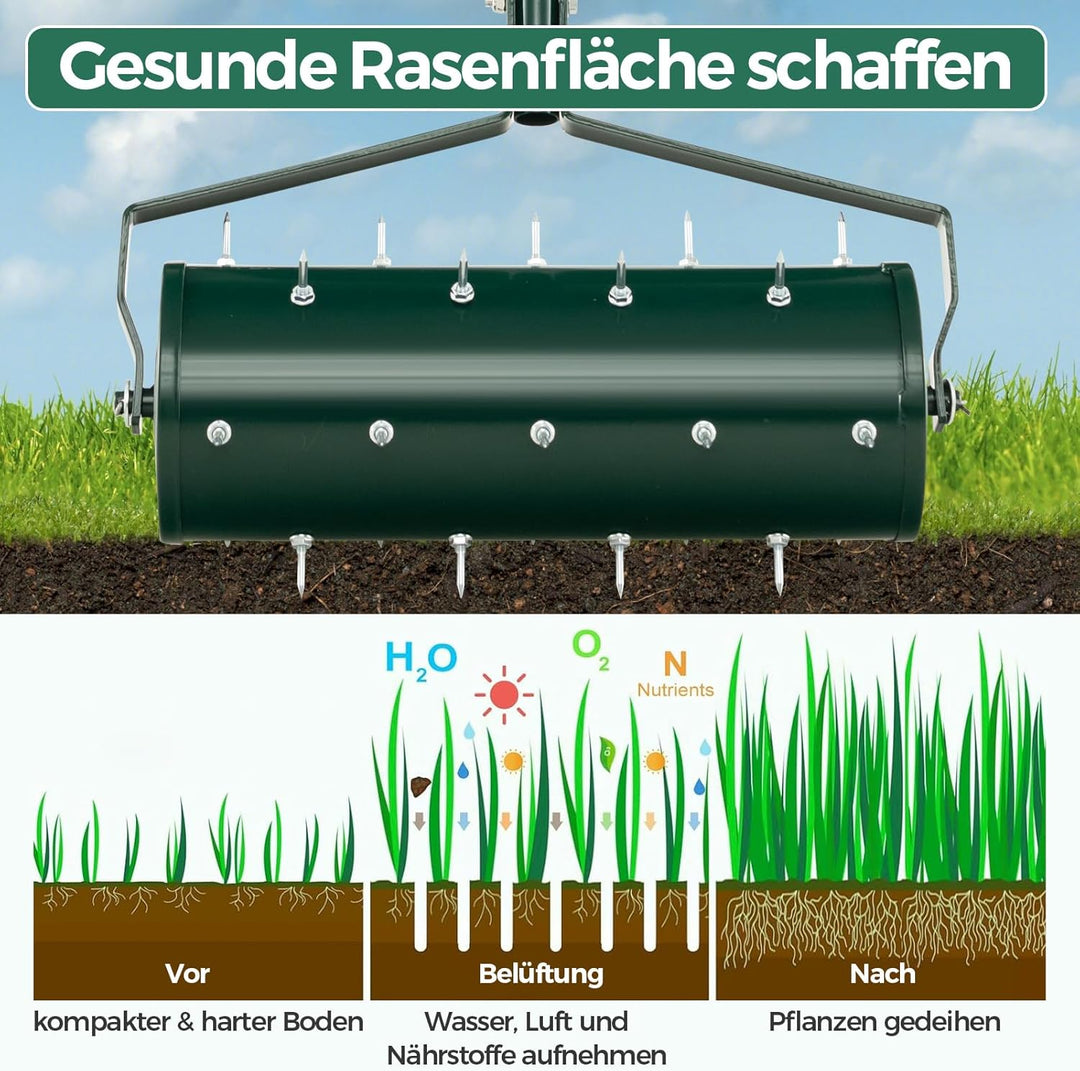 RELAX4LIFE Rollender Rasenlüfter, Rasenrolle mit 44 cm Breite, Handvertikutierer mit Stiel & Nägeln,