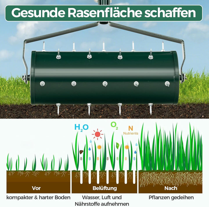 RELAX4LIFE Rollender Rasenlüfter, Rasenrolle mit 44 cm Breite, Handvertikutierer mit Stiel & Nägeln,