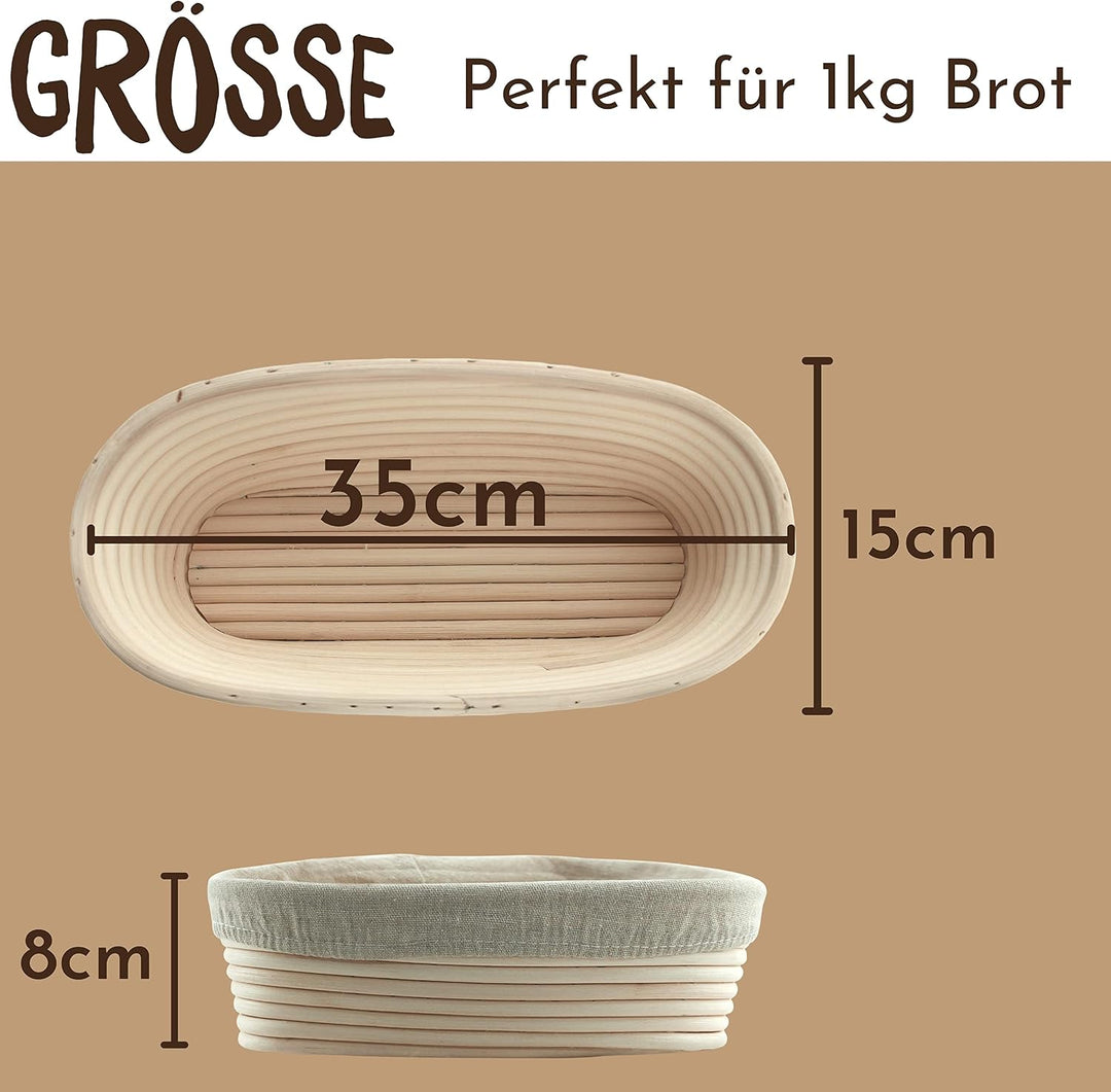 Gärkörbchen + Teigschaber – Der ideale Gärkorb aus natürlichem Peddigrohr (oval, 35 cm) – mit Leinen