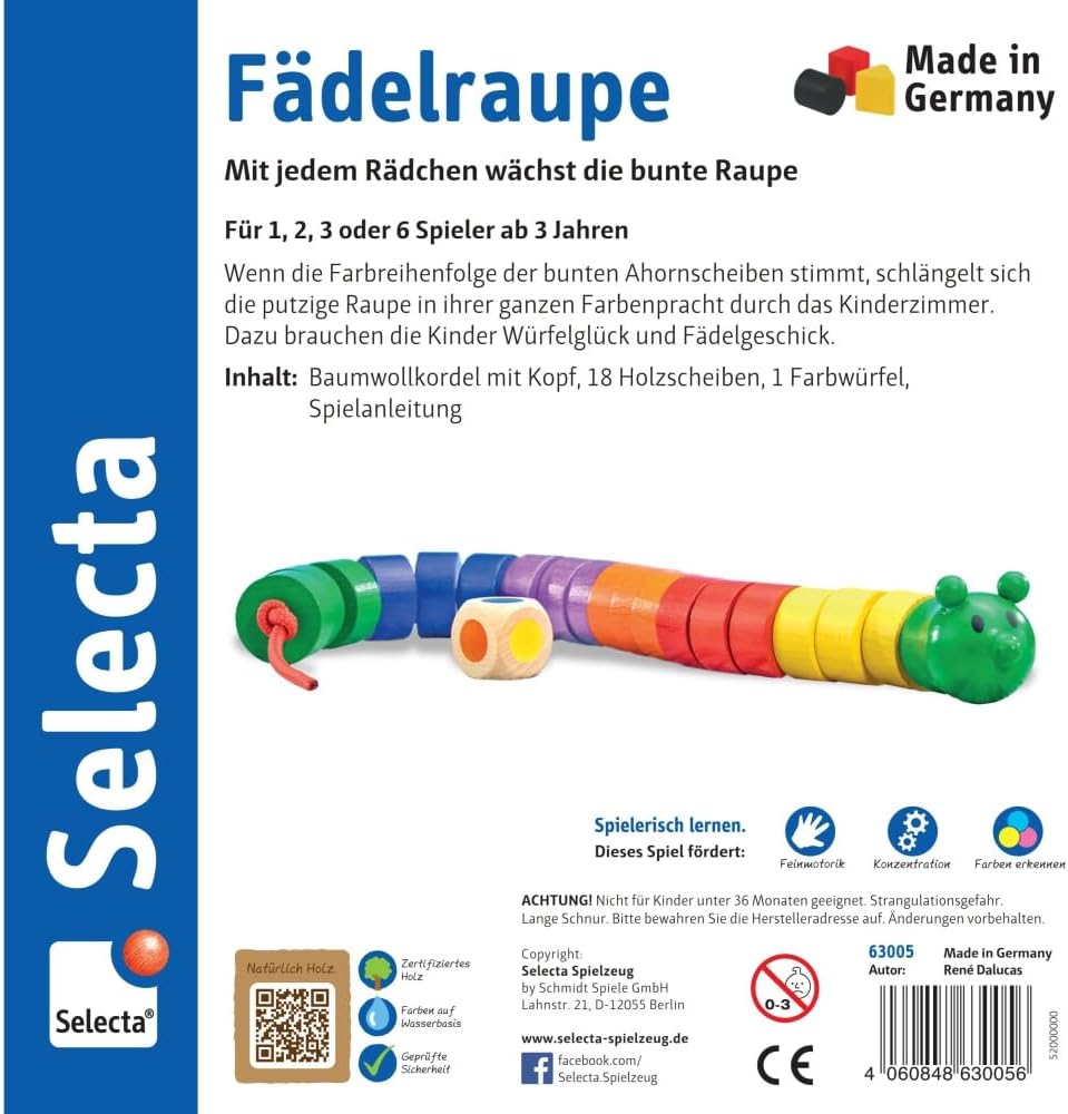 Selecta 63005 Fädelraupe, Würfel- und Fädelspiel,3 Jahre to 6 Jahre, mehrfarbig