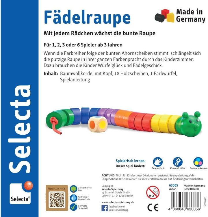 Selecta 63005 Fädelraupe, Würfel- und Fädelspiel,3 Jahre to 6 Jahre, mehrfarbig