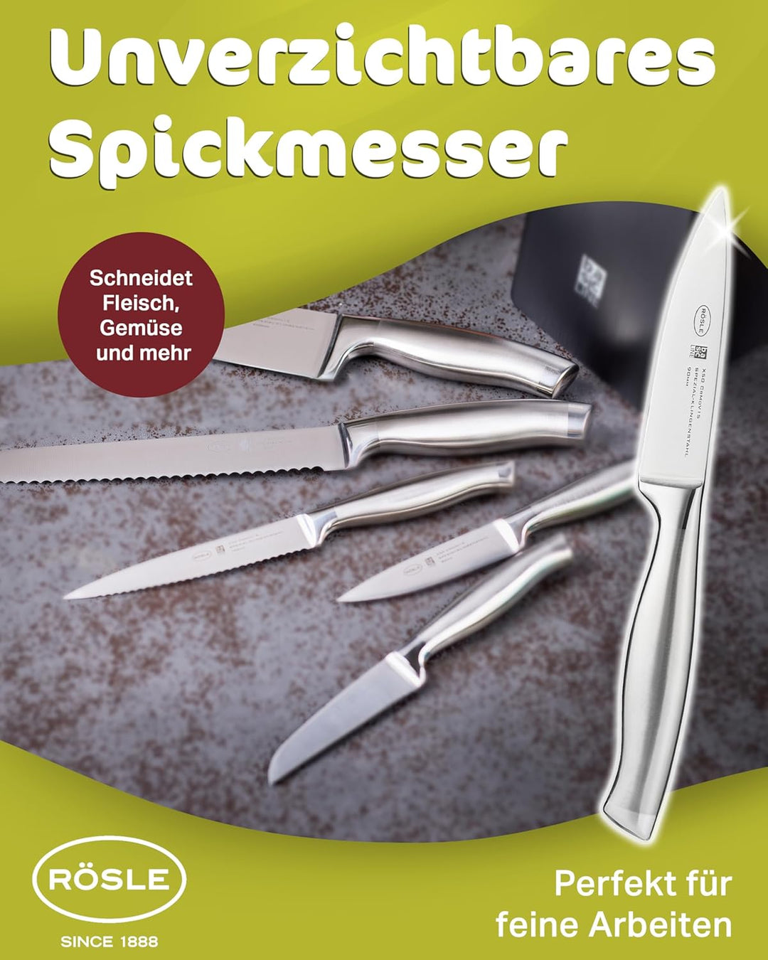 RÖSLE Spickmesser Basic Line 9cm - Hochwertiges Messer für Garnieren und Spicken von Fleisch, Küchen