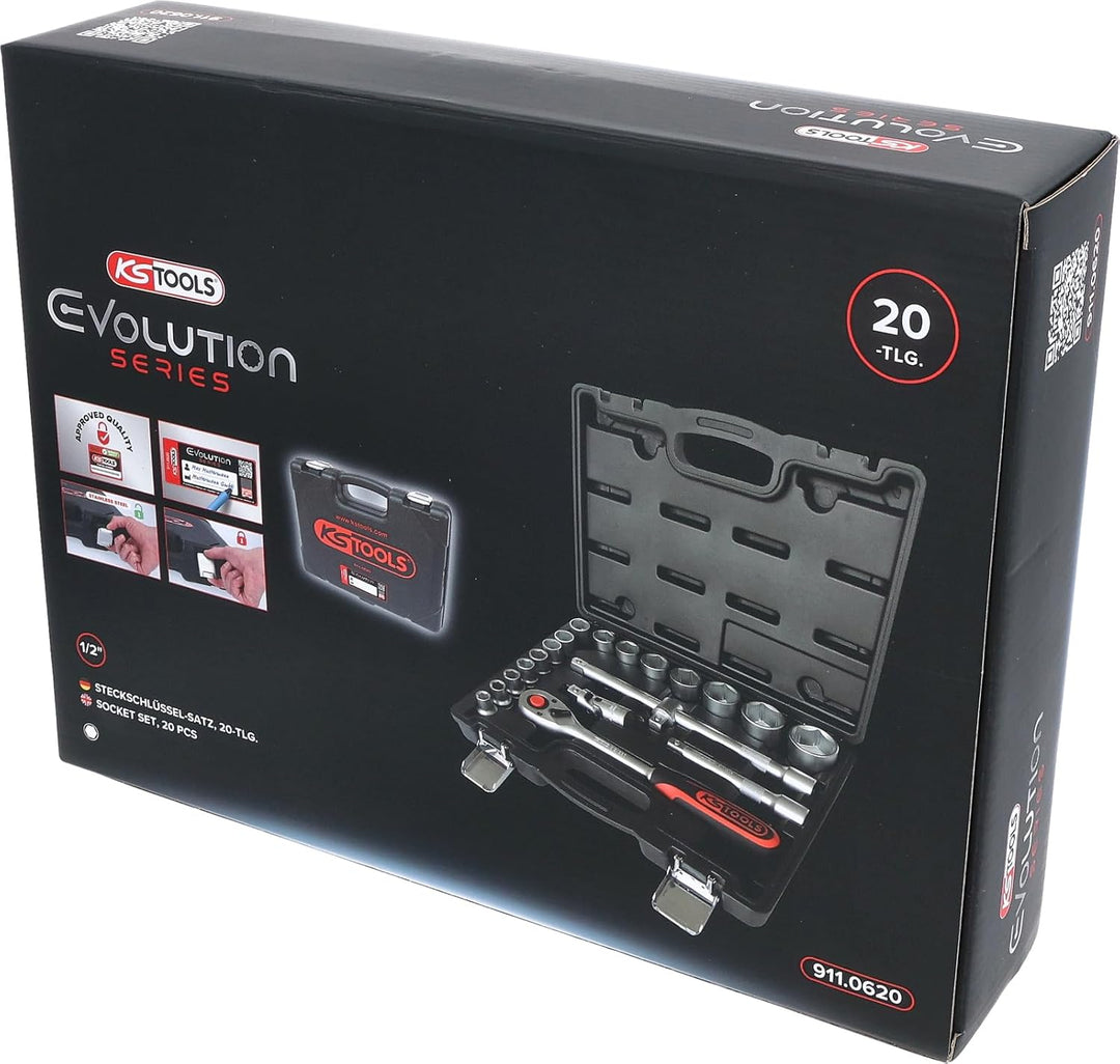 KS Tools 911.0620 1/2 Zoll Steckschlüssel-Satz | inklusive Umschaltknarre, 45-Zahn | matt satiniert