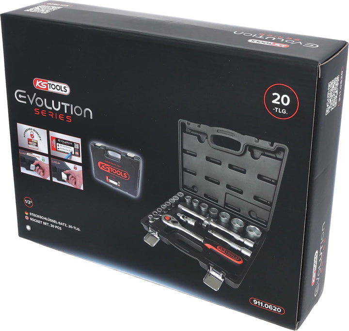 KS Tools 911.0620 1/2 Zoll Steckschlüssel-Satz | inklusive Umschaltknarre, 45-Zahn | matt satiniert