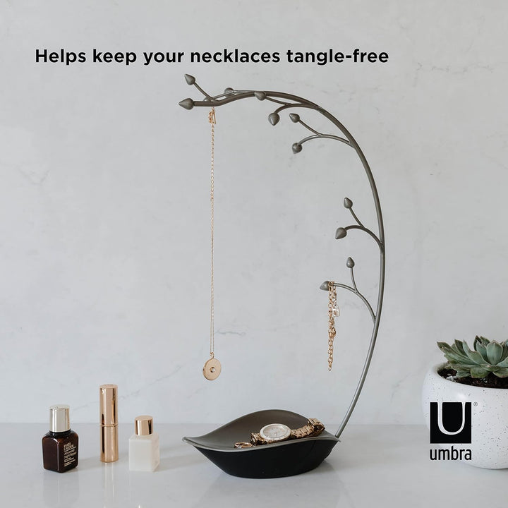 Umbra Orchid Schmuckständer und Schmuckbaum für Ketten mit integrierter Schmuckablage, Stahlgrau, 23