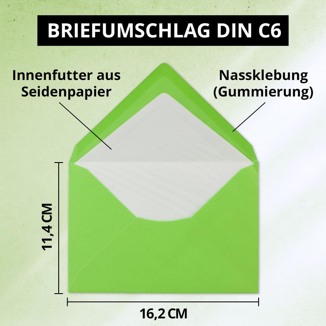 150 Briefumschläge Maigrün - DIN C6 - gefüttert mit weissem Seidenpapier - 80 g/m² - 11,4 x 16,2 cm