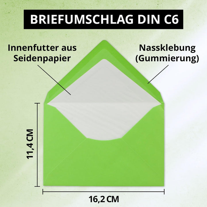 150 Briefumschläge Maigrün - DIN C6 - gefüttert mit weissem Seidenpapier - 80 g/m² - 11,4 x 16,2 cm