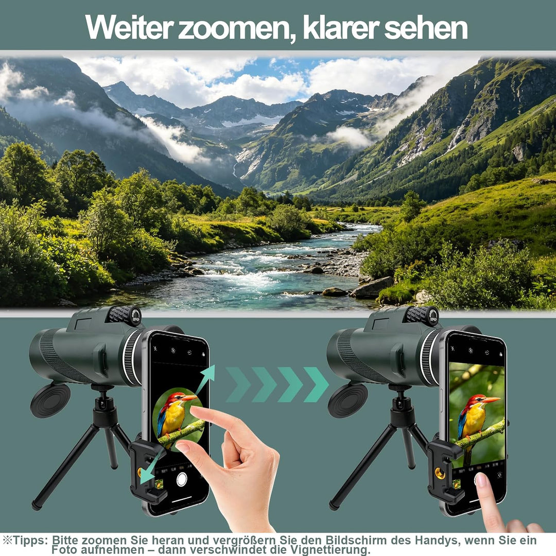 BIBIRE 40x60 Monokular-Fernrohr für Erwachsene, hochvergrössernd | Monokular mit Smartphone-Adapter