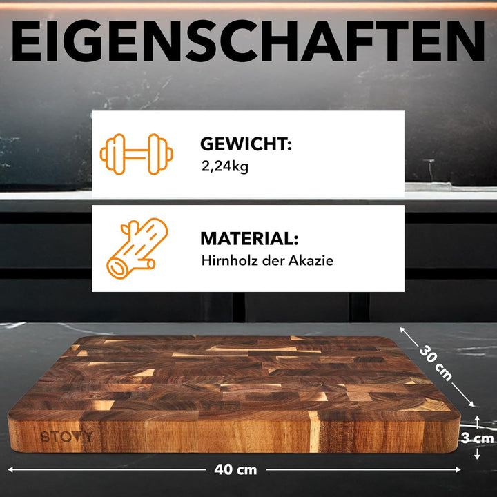 STOVY® Schneidebrett Holz – Stirnholz Schneidebrett aus massivem Akazienholz 40 x 30 x 3cm – Antibak