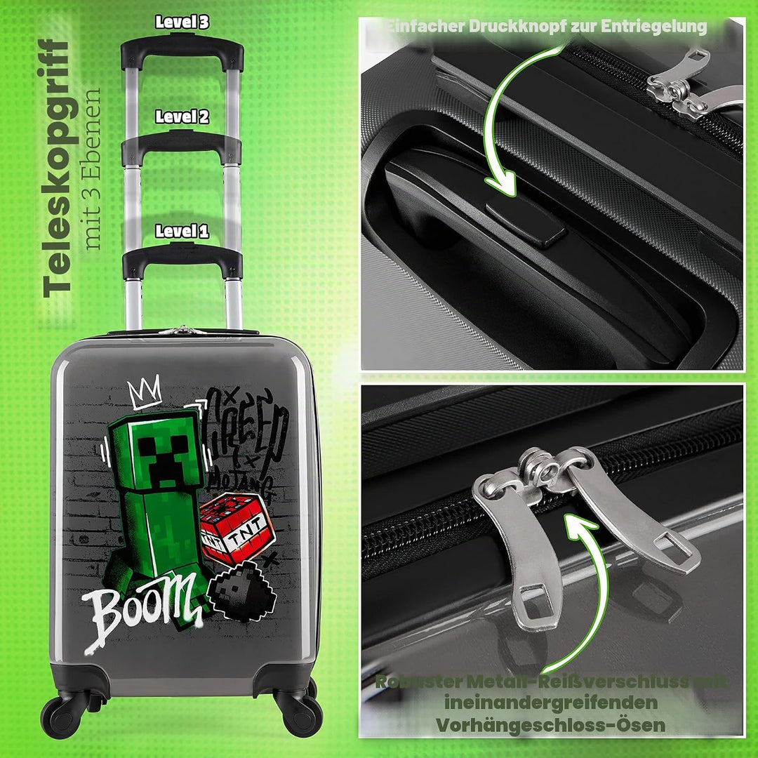 Minecraft Trolley für Kinder | Reisekoffer mit Reissverschlussfach + aufklappbarem Griff mit 4 Rolle