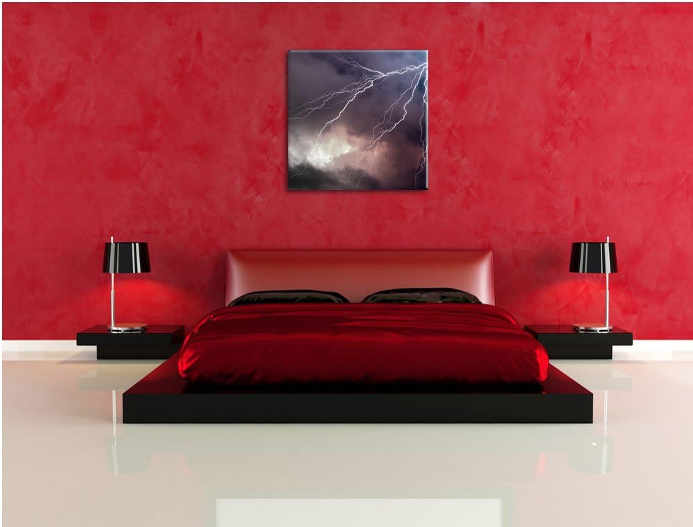 Pixxprint riesiger Blitz am Gewitterhimmel schwarz/weiss, Format: 70x70 auf Leinwand, 70x70