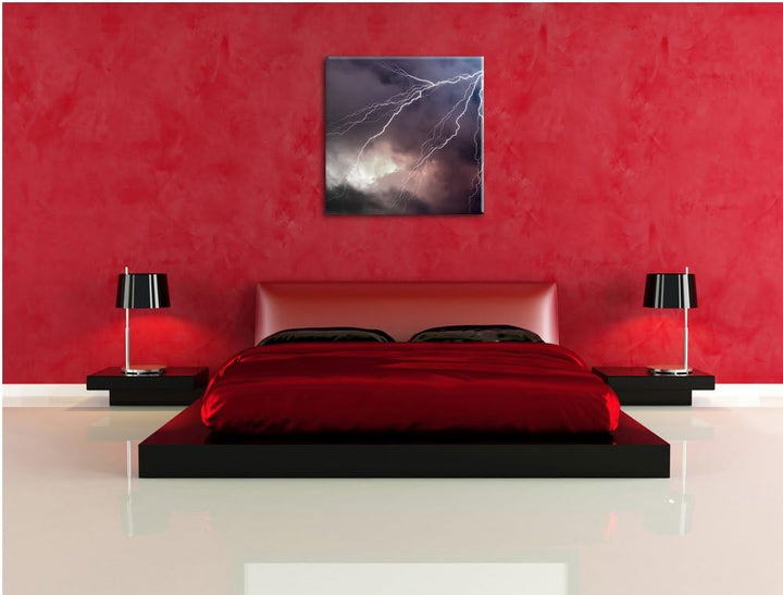 Pixxprint riesiger Blitz am Gewitterhimmel schwarz/weiss, Format: 70x70 auf Leinwand, 70x70