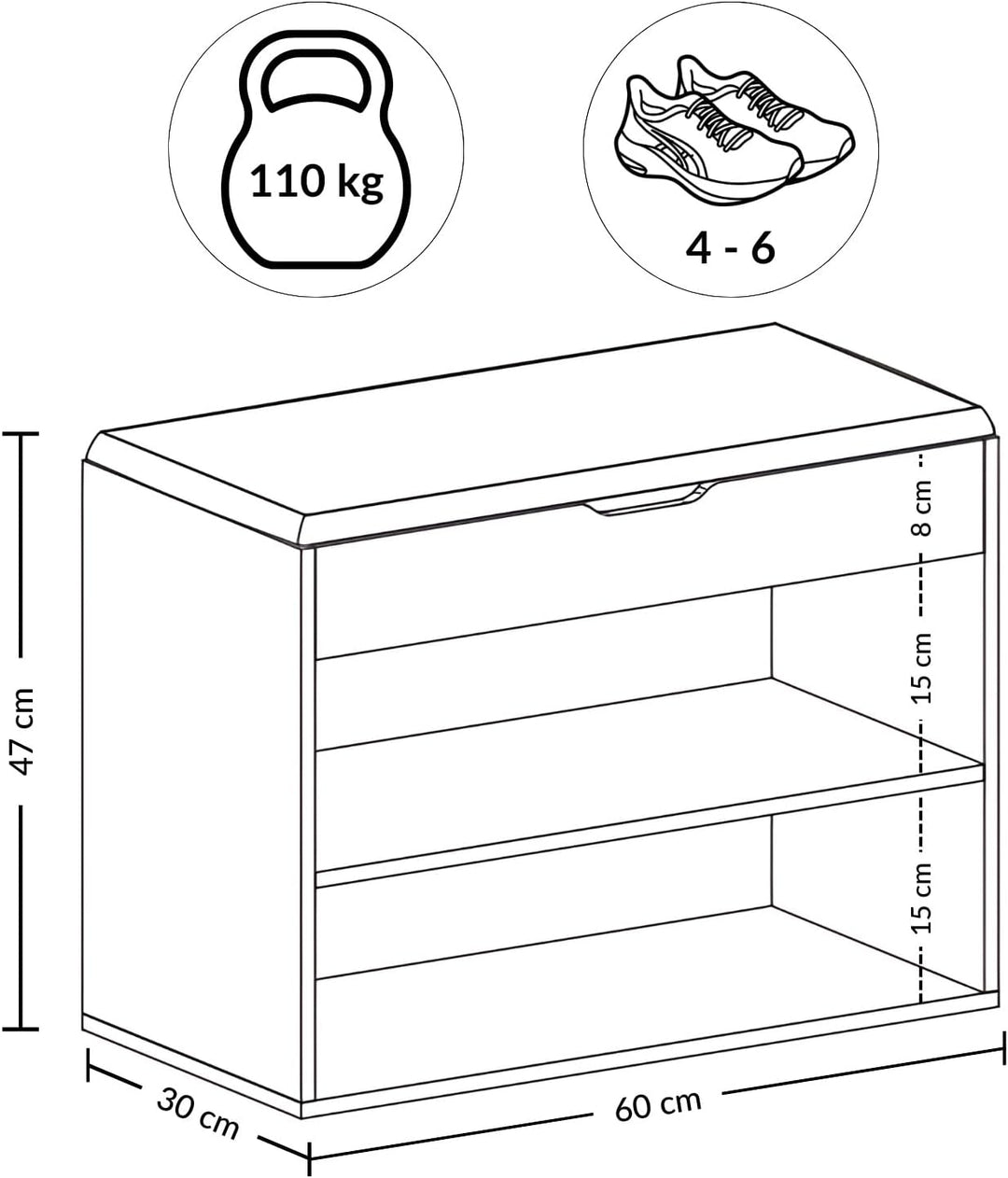 BOXIMO Schuhschrank mit Sitzbank, 60 x 30 x 47 cm, MDF und Polyester Bezug, Flurbank mit Stauraum, S