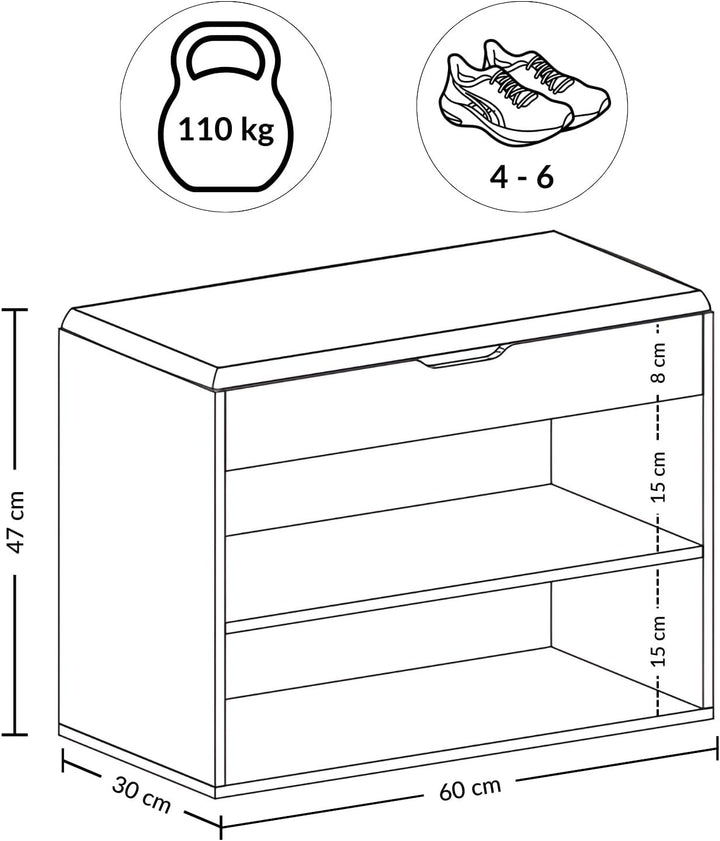 BOXIMO Schuhschrank mit Sitzbank, 60 x 30 x 47 cm, MDF und Polyester Bezug, Flurbank mit Stauraum, S
