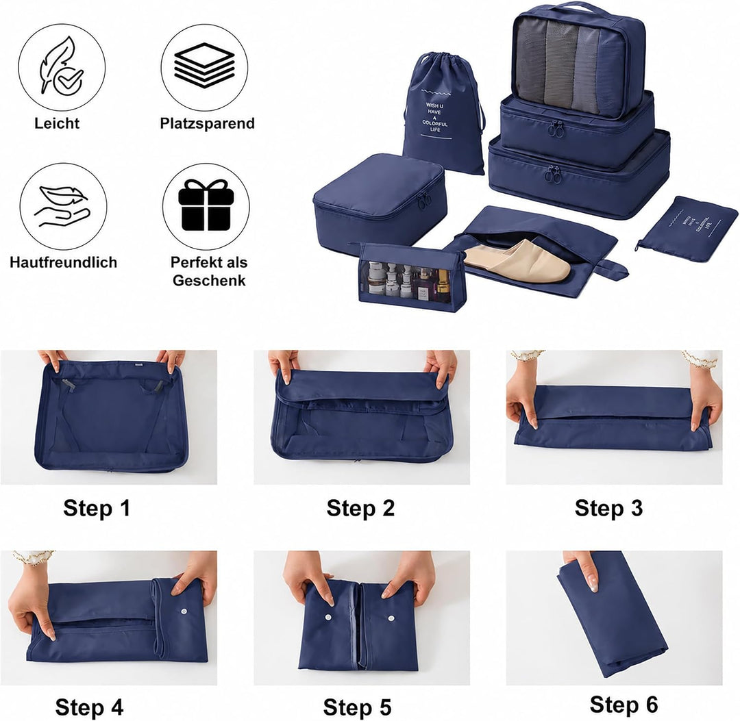 Packing Cubes 8er Set Koffer Organizer Packwürfel Set wasserdicht Marineblau, Marineblau