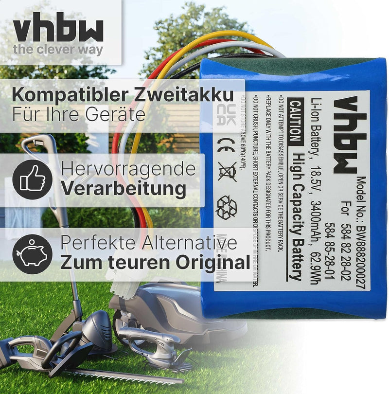 vhbw Li-Ion Akku 3400mAh (18.5V) kompatibel mit Husqvarna Automower 315X für Rasenroboter Rasenmäher