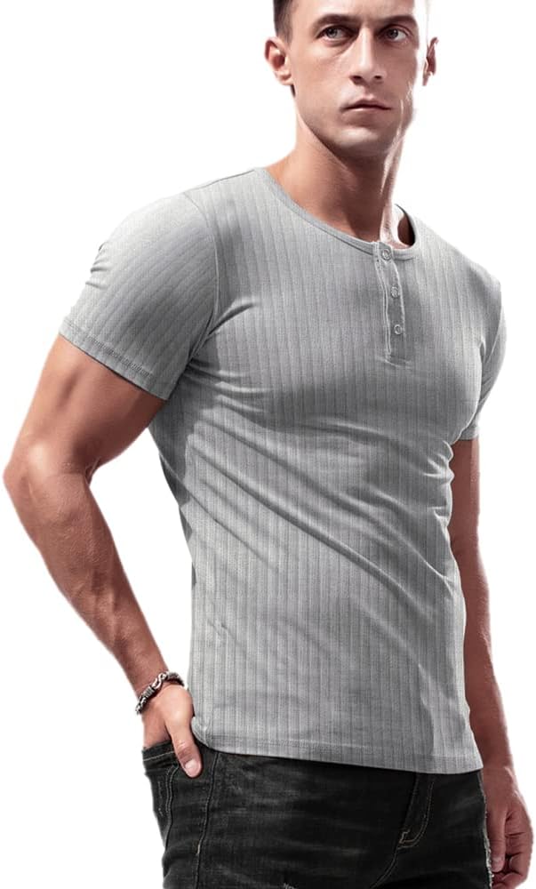 Lehmanlin Langarmshirts, Henley Langarm/Kurzarm Pullover, Slim Fit Sport Muskelshirts M Grau_kurz, M