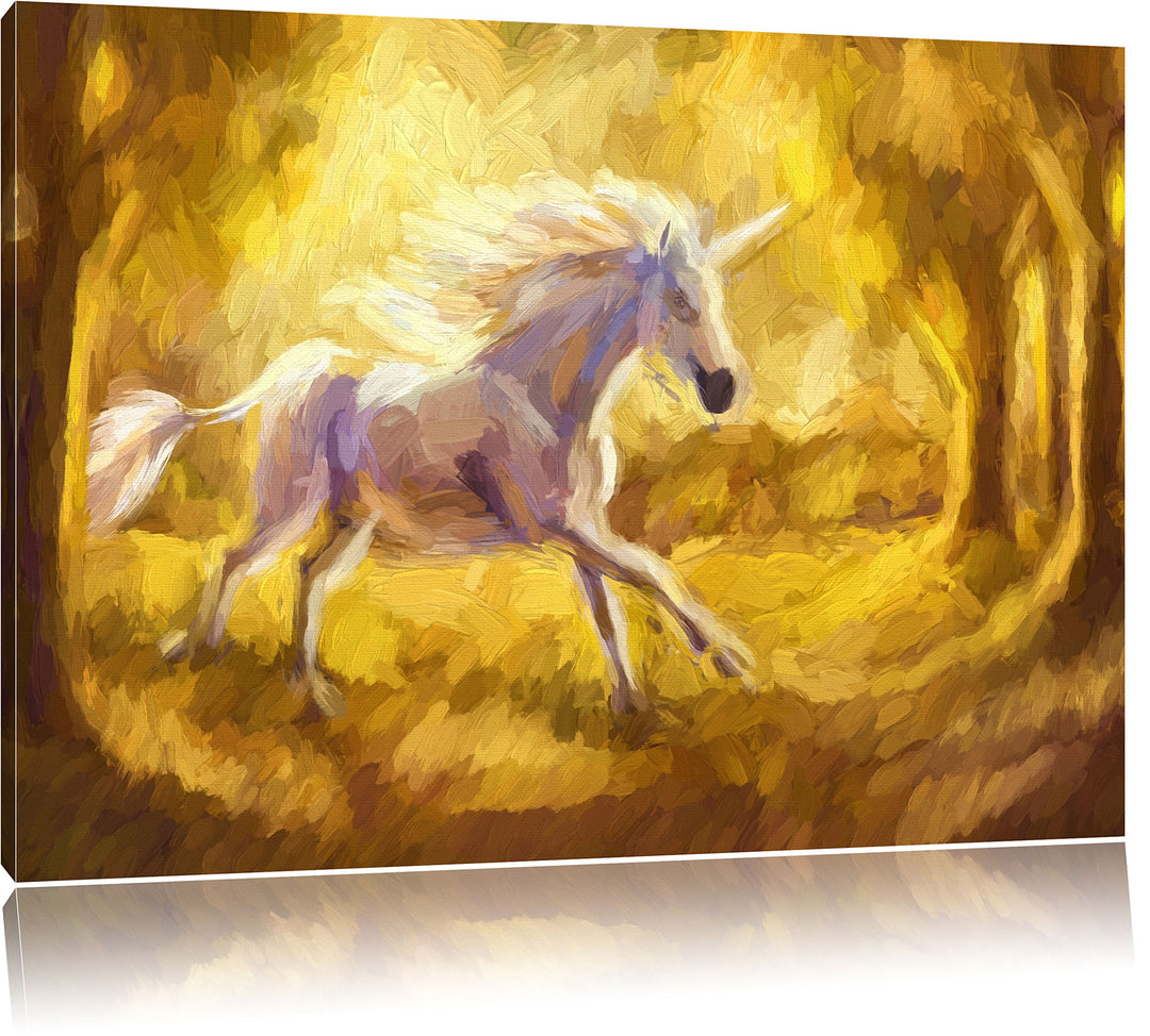 Pixxprint Einhorn im Wald / 100x70cm Leinwandbild bespannt auf Holzrahmen/Wandbild Kunstdruck Dekora