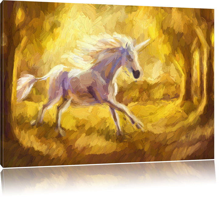 Pixxprint Einhorn im Wald / 100x70cm Leinwandbild bespannt auf Holzrahmen/Wandbild Kunstdruck Dekora