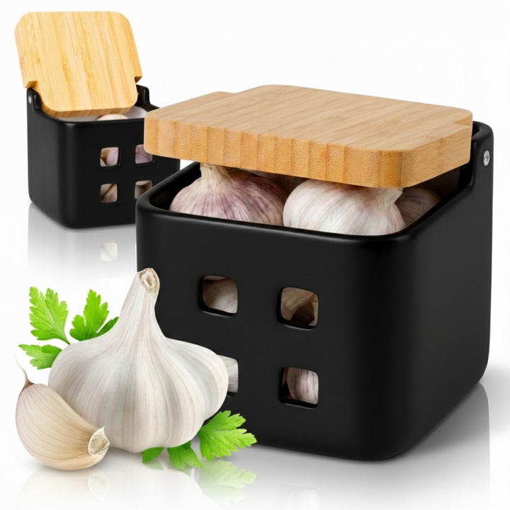 Kook Time Knoblauch Dose - Matt Schwarz Keramik Knoblauchtopf mit Bambusholz Deckel, Perfekte Knobla