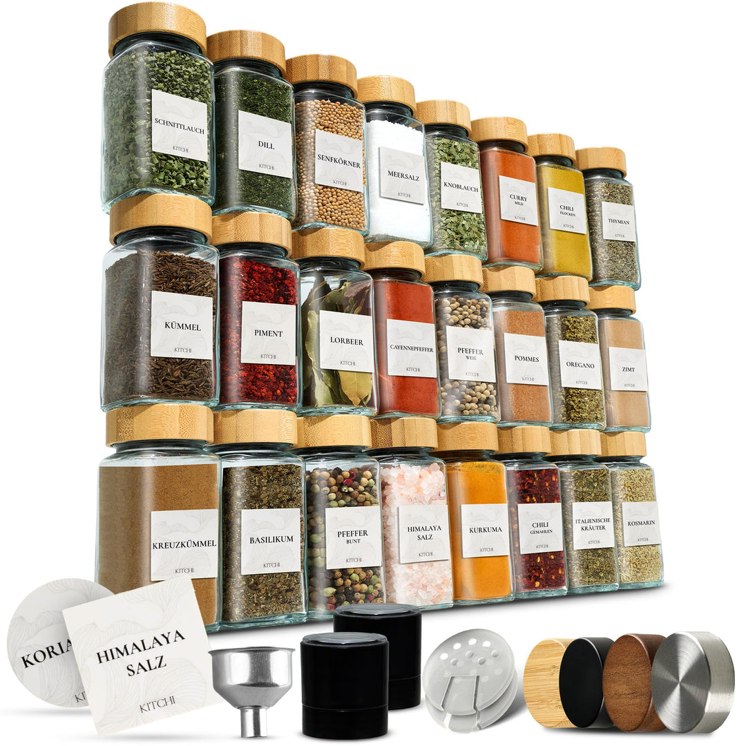KITCHI Gewürzgläser Eckig Set 24 Stück – Bambus Deckel, inkl. 2 Mühlen für Salz & Pfeffer | Gewürzdo