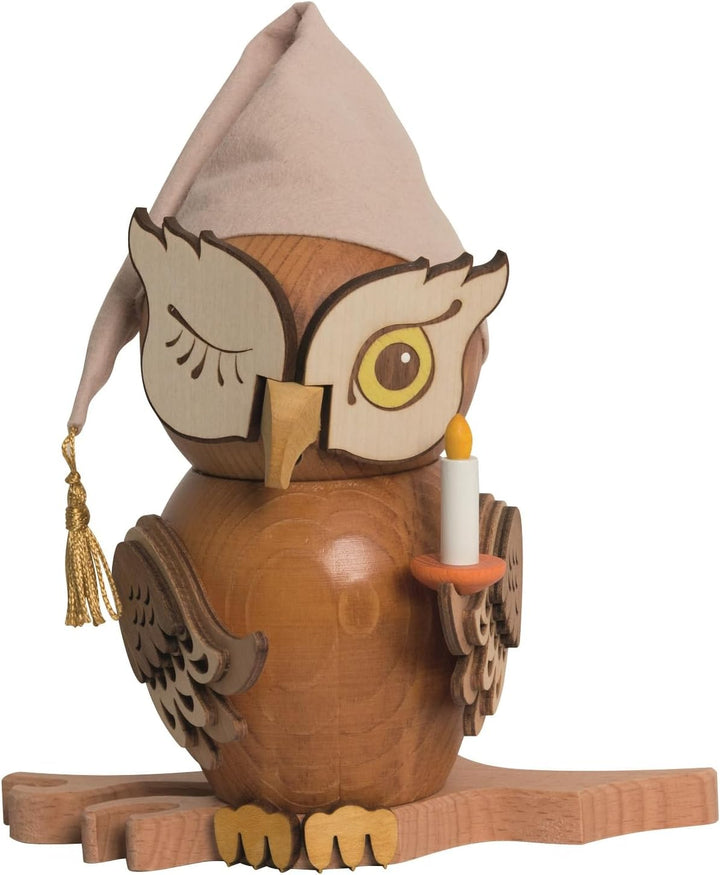 Drechslerei Kuhnert - Rauchfigur/Räucherfigur - Eule Schlafmütze aus Massivholz - ca. 15 cm - Made i