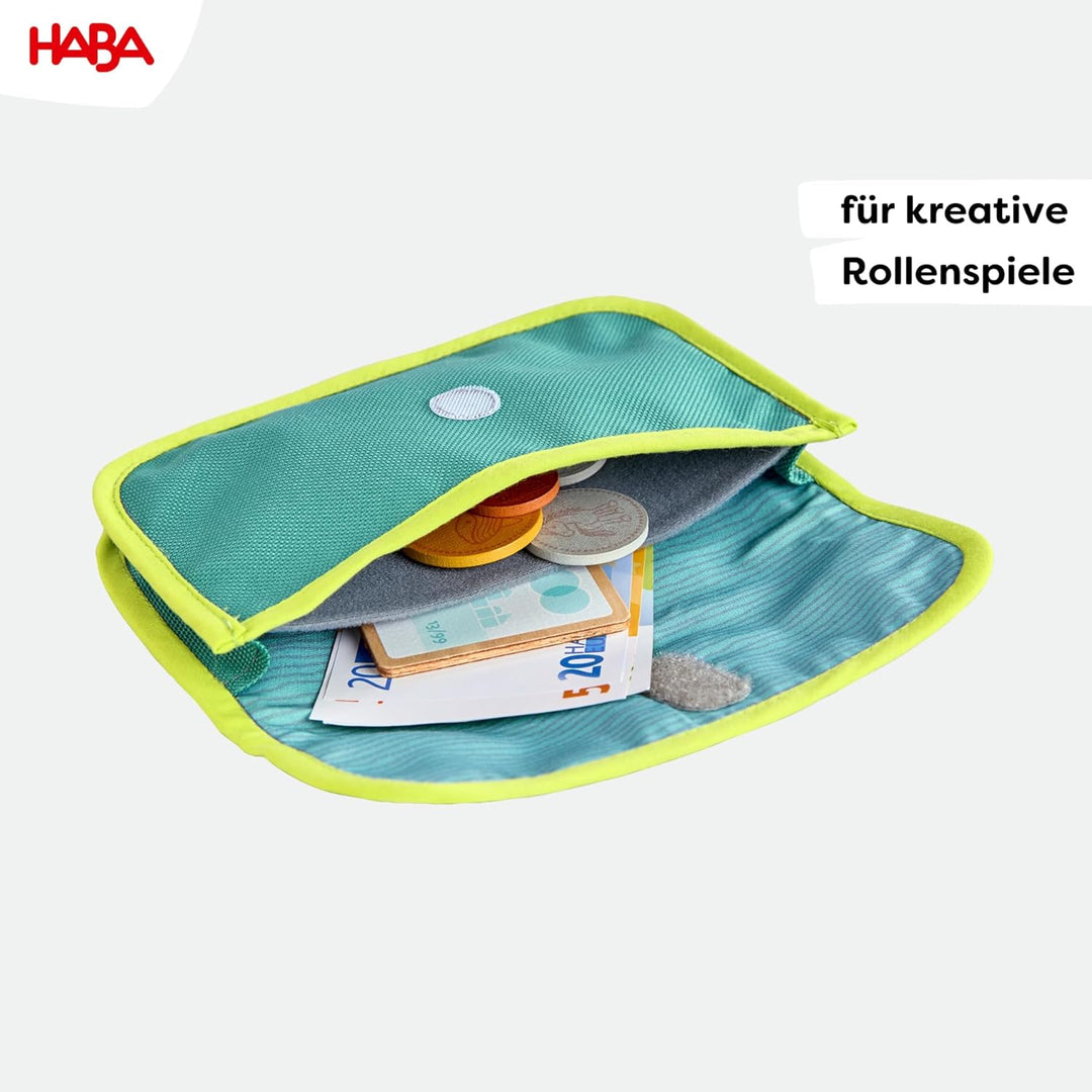 HABA Creative Play Spielgeld-Set – Geldbeutel für Kinder mit Holzmünzen, Geldscheinen & Spielgeld –