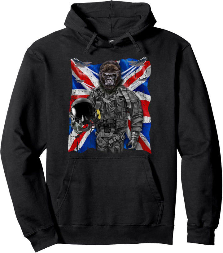 Gorilla als Kampfpilot mit Union Jack Flagge Pullover Hoodie