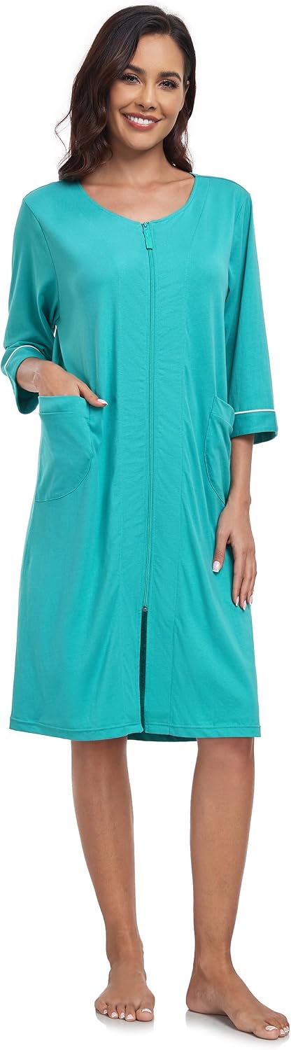 COLORFULLEAF 100% Baumwolle Morgenmantel Damen Leicht Bademantel Damen 3/4 Ärmel mit Reissverschluss