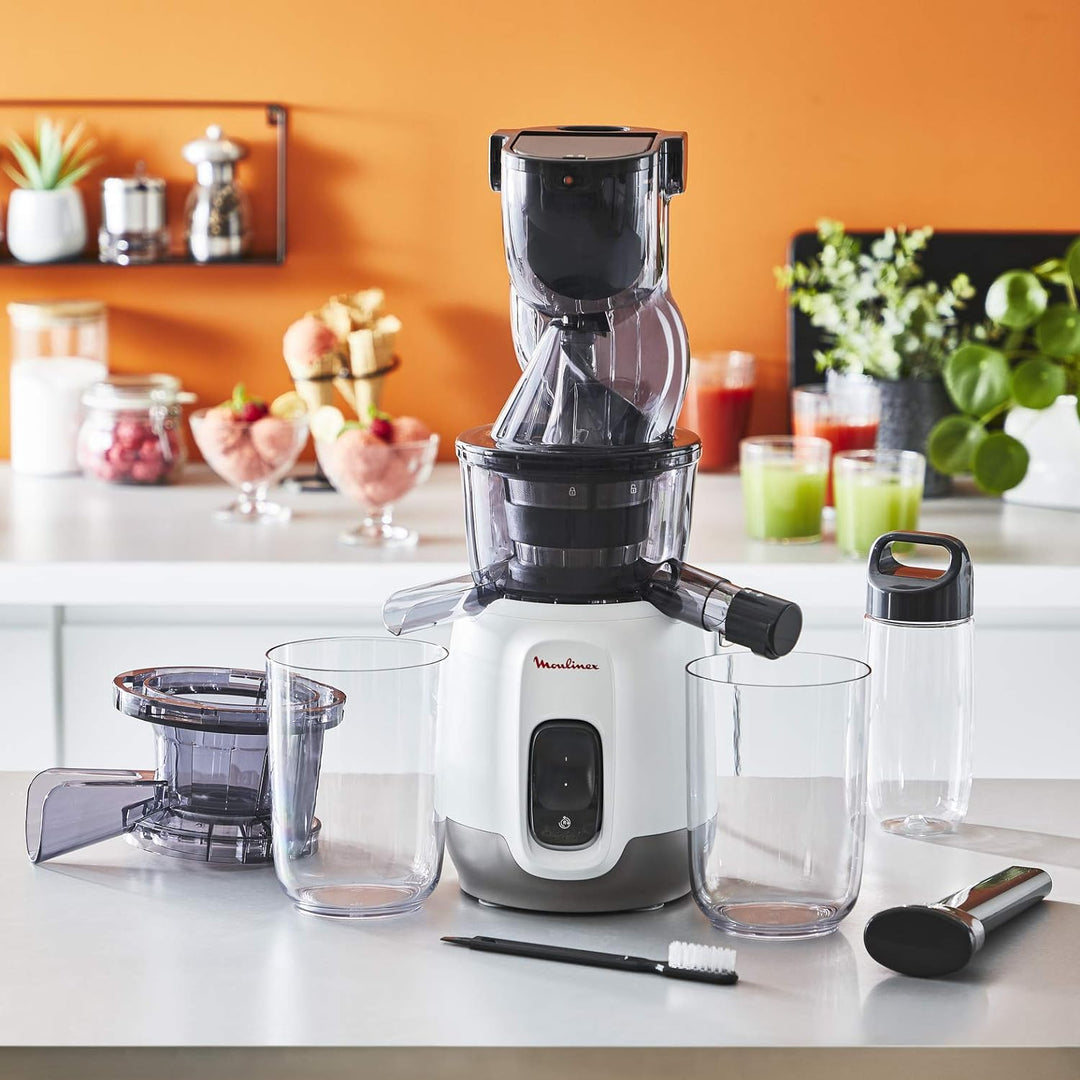 MOULINEX Ultra Juice Entsafter für Kaltsaft 2 Filter Trinkflasche 600 ml extra breit 85 mm Automatis